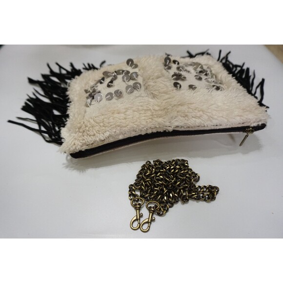 Moroccan Fringe Bag Handira Kilim Suede Leather Clutch with Chain Strap - Picture 5 of 10